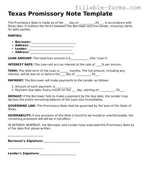 Printable  Promissory Note Form for Texas