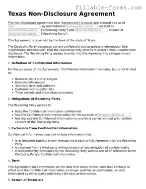 Printable  Non-disclosure Agreement Form for Texas