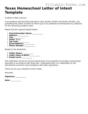 Printable  Homeschool Letter of Intent Form for Texas