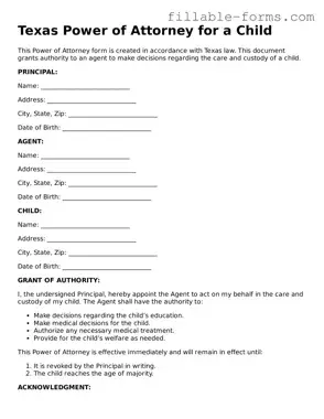 Printable  Power of Attorney for a Child Form for Texas