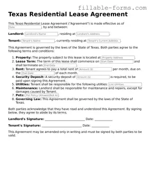 Printable  Residential Lease Agreement Form for Texas