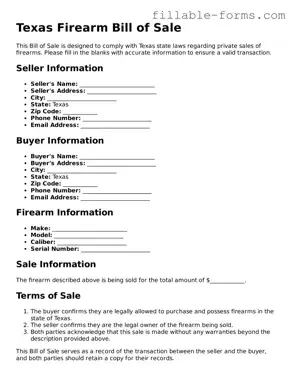 Printable  Firearm Bill of Sale Form for Texas