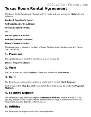 Printable  Room Rental Agreement Form for Texas