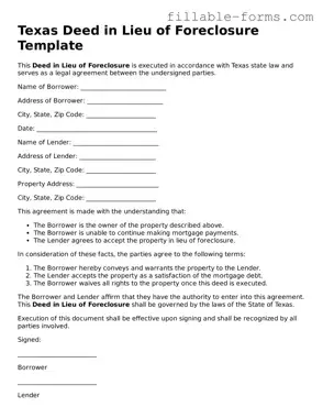 Printable  Deed in Lieu of Foreclosure Form for Texas