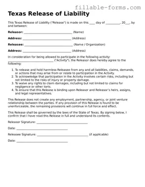 Printable  Release of Liability Form for Texas