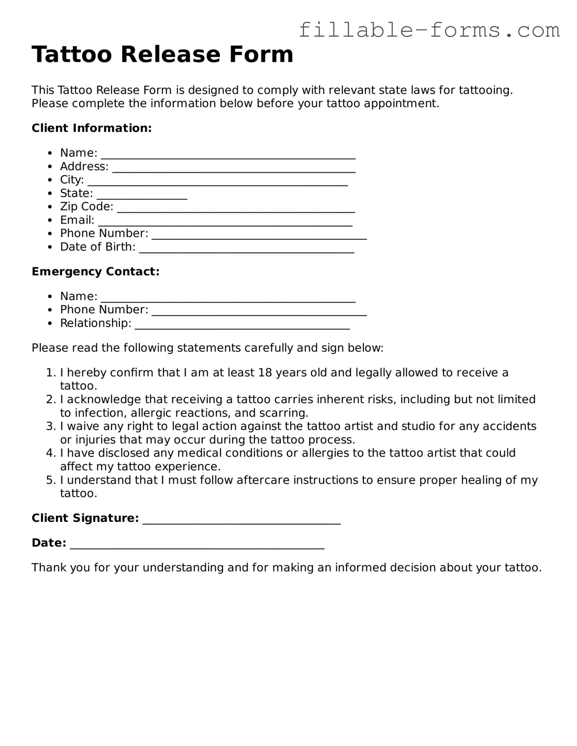 Printable Tattoo Release Form