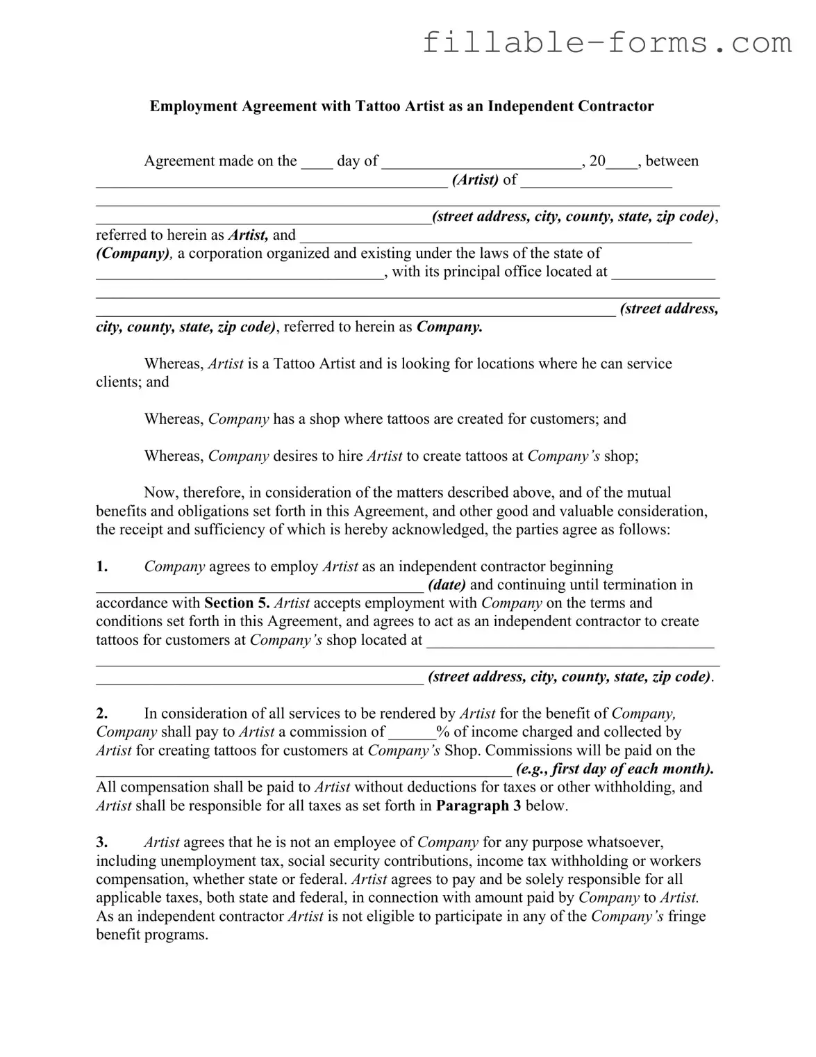 Fill Out a Valid Tattoo Shop Artist Agreement Template