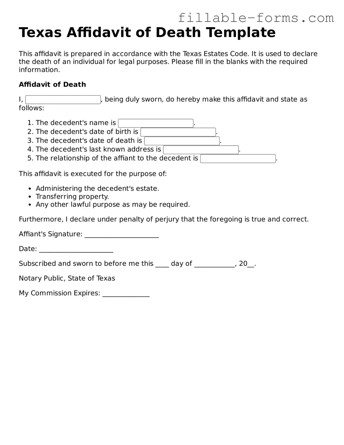 Printable  Affidavit of Death Form for Texas