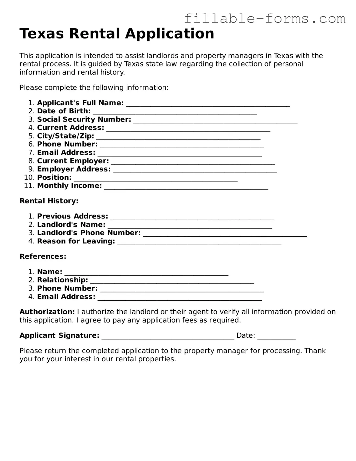 Printable  Rental Application Form for Texas
