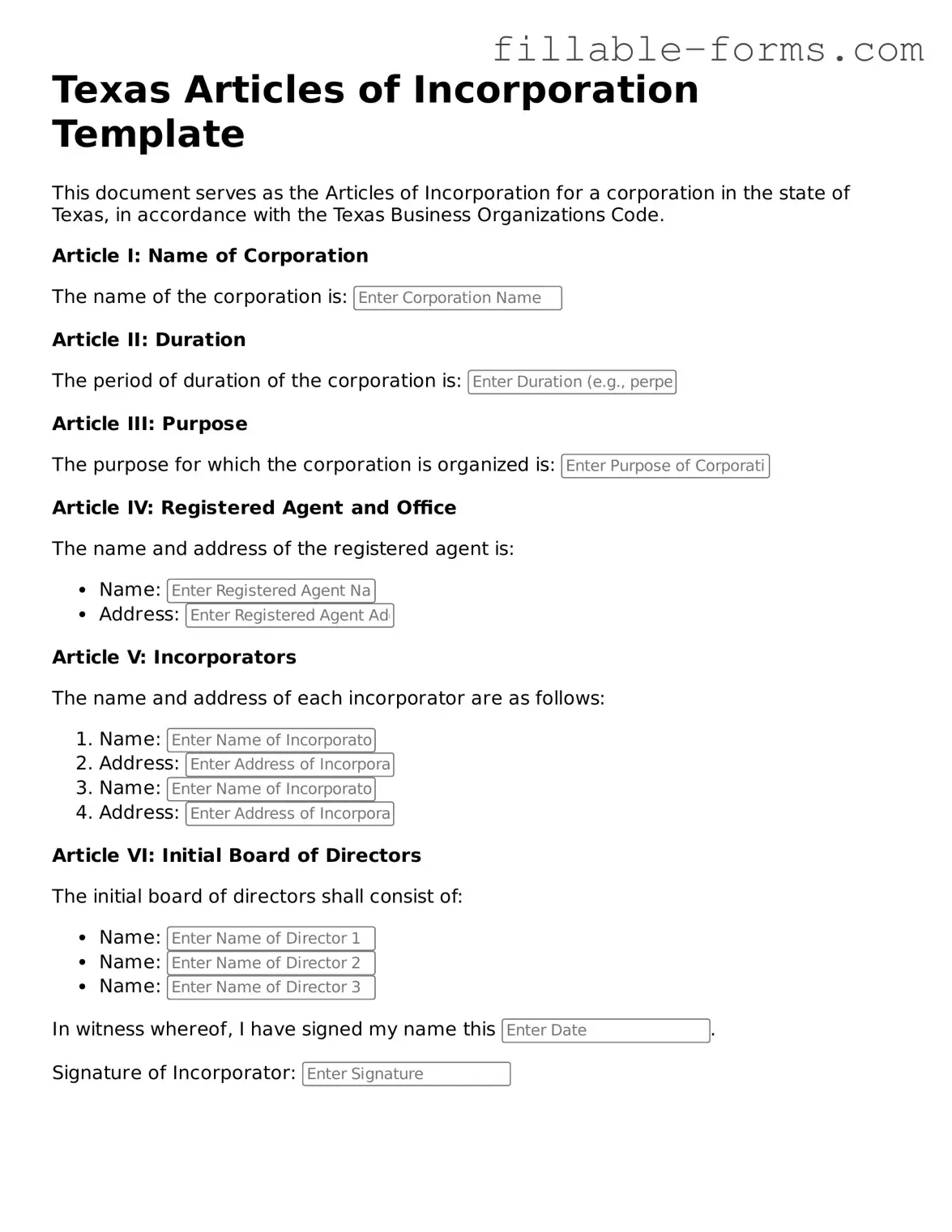 Printable  Articles of Incorporation Form for Texas