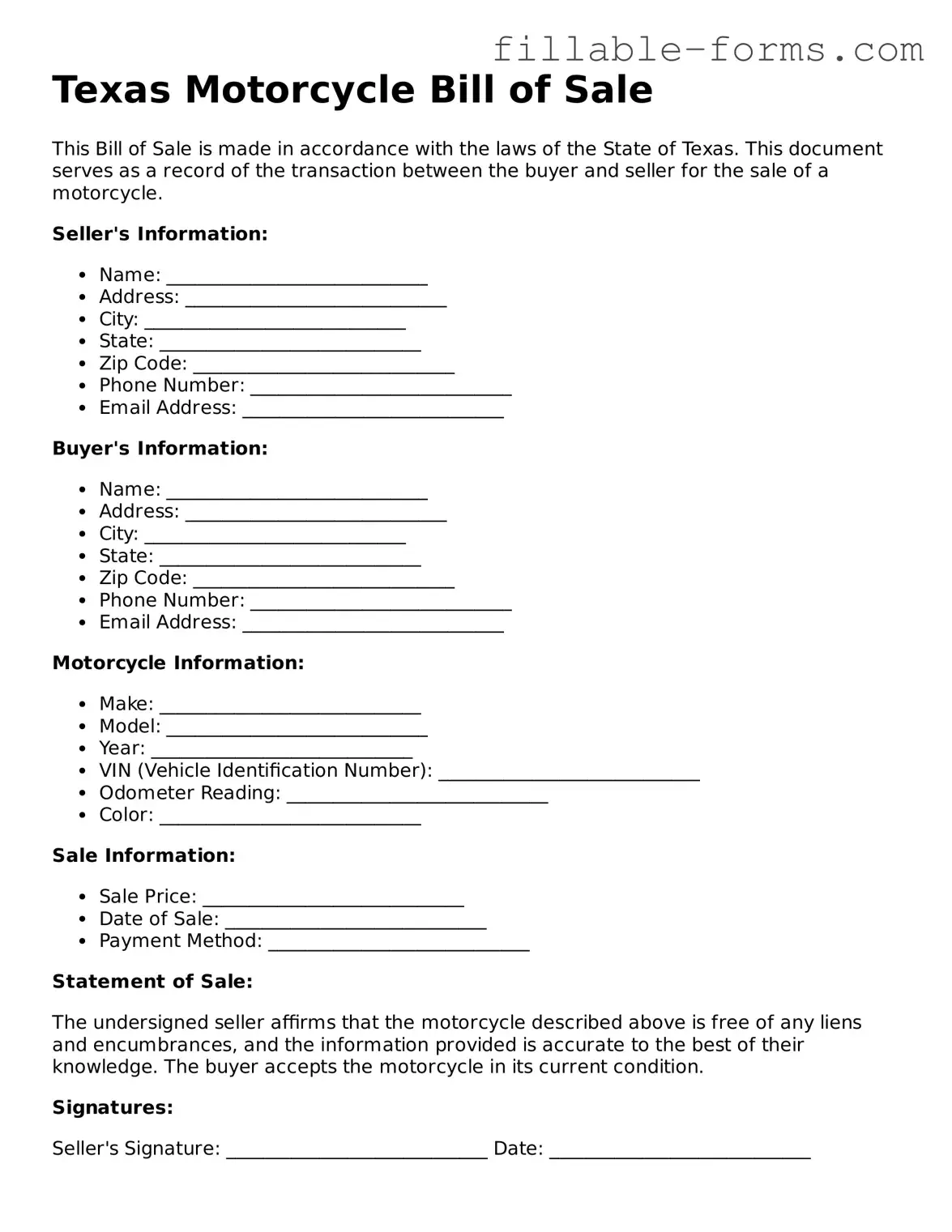 Printable  Motorcycle Bill of Sale Form for Texas