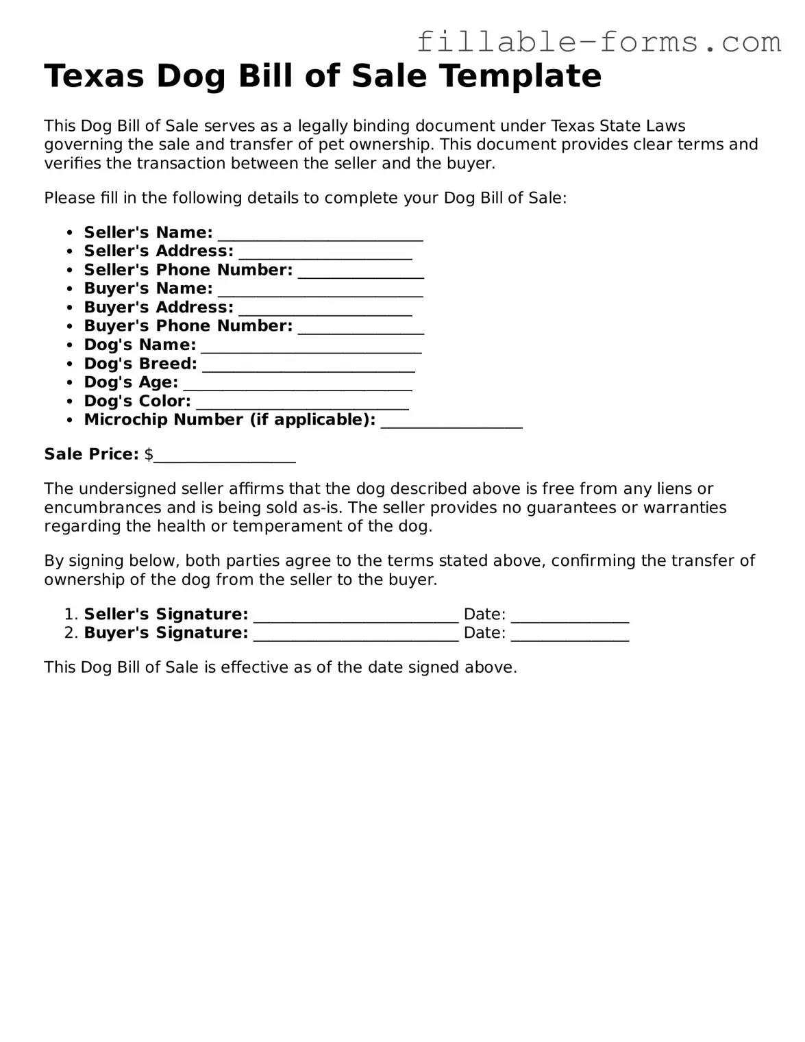 Printable  Dog Bill of Sale Form for Texas