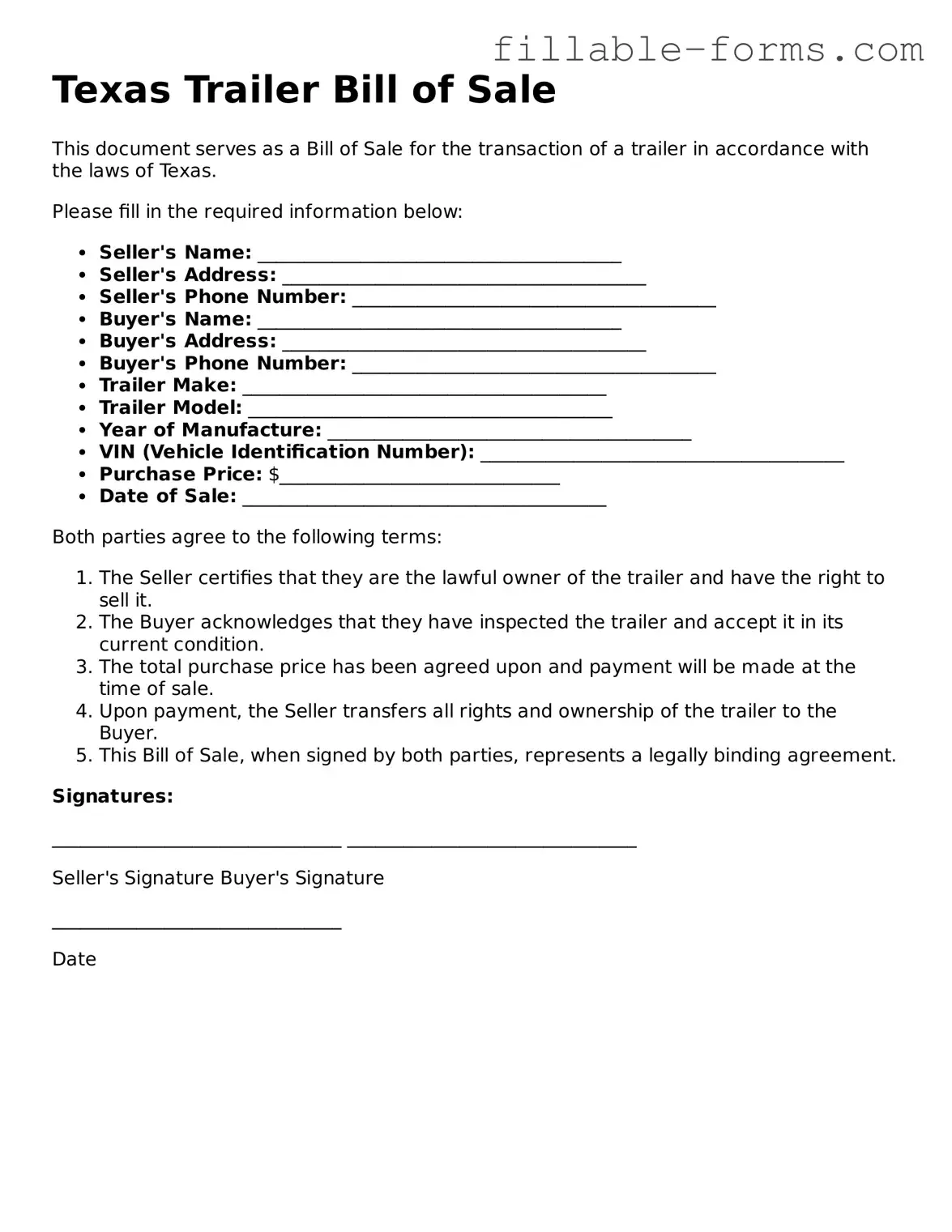 Printable  Trailer Bill of Sale Form for Texas