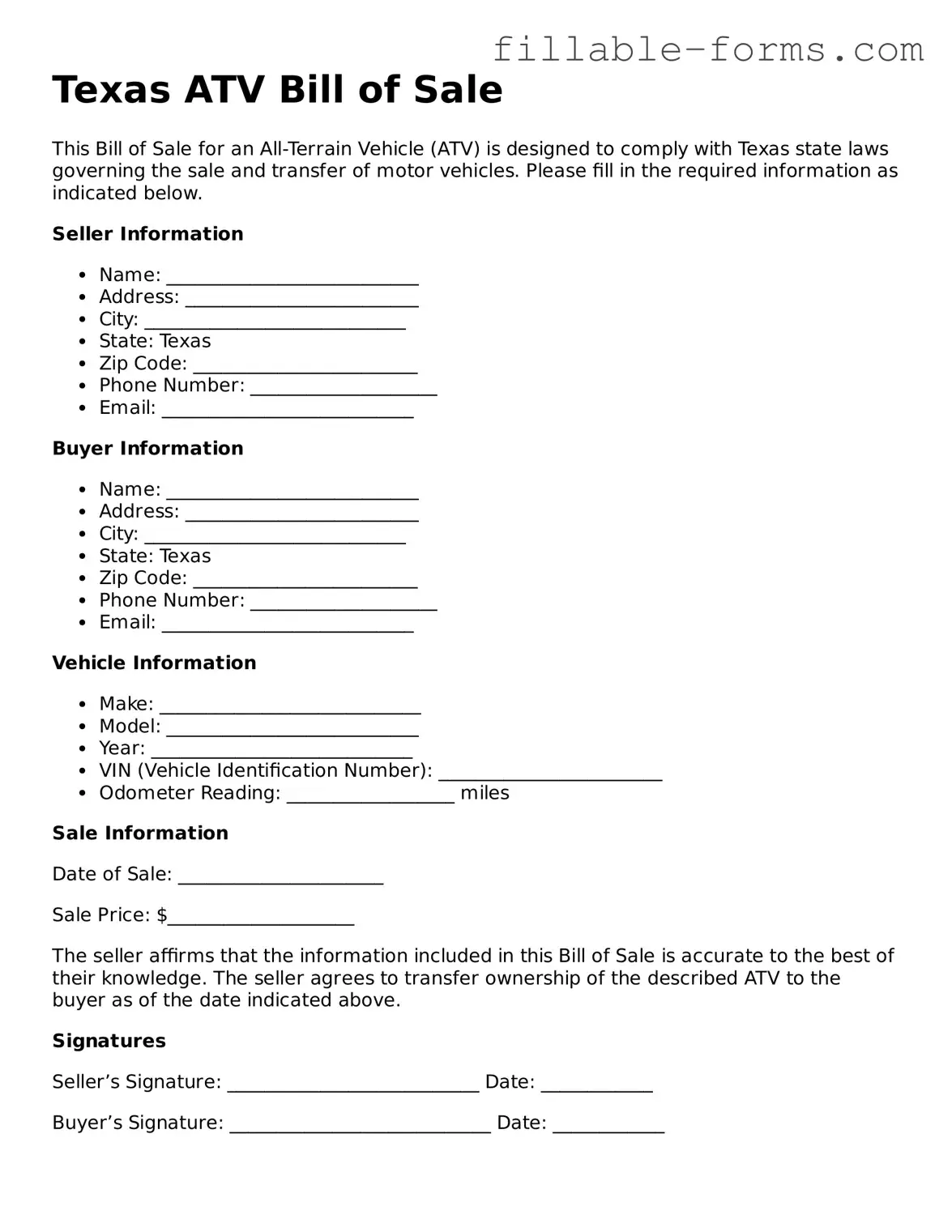 Printable  ATV Bill of Sale Form for Texas