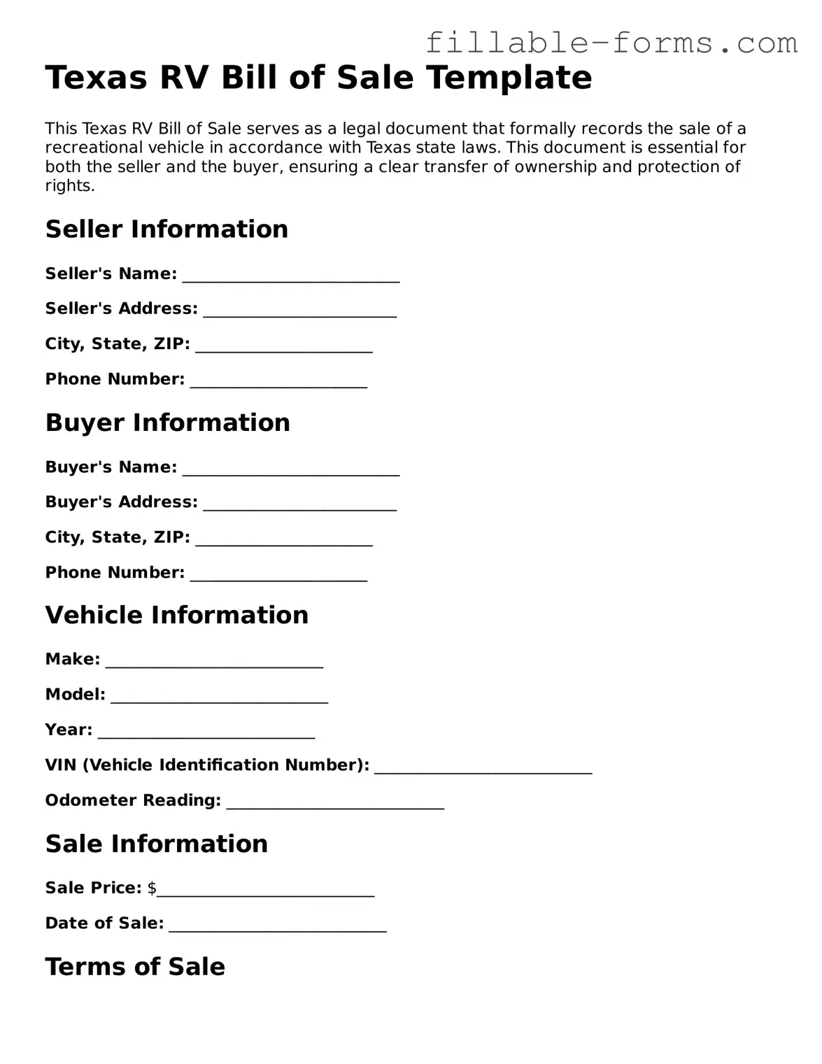 Printable  RV Bill of Sale Form for Texas