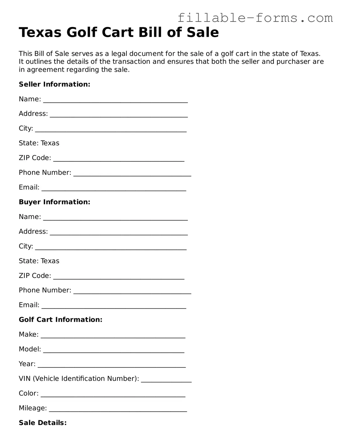 Printable  Golf Cart Bill of Sale Form for Texas