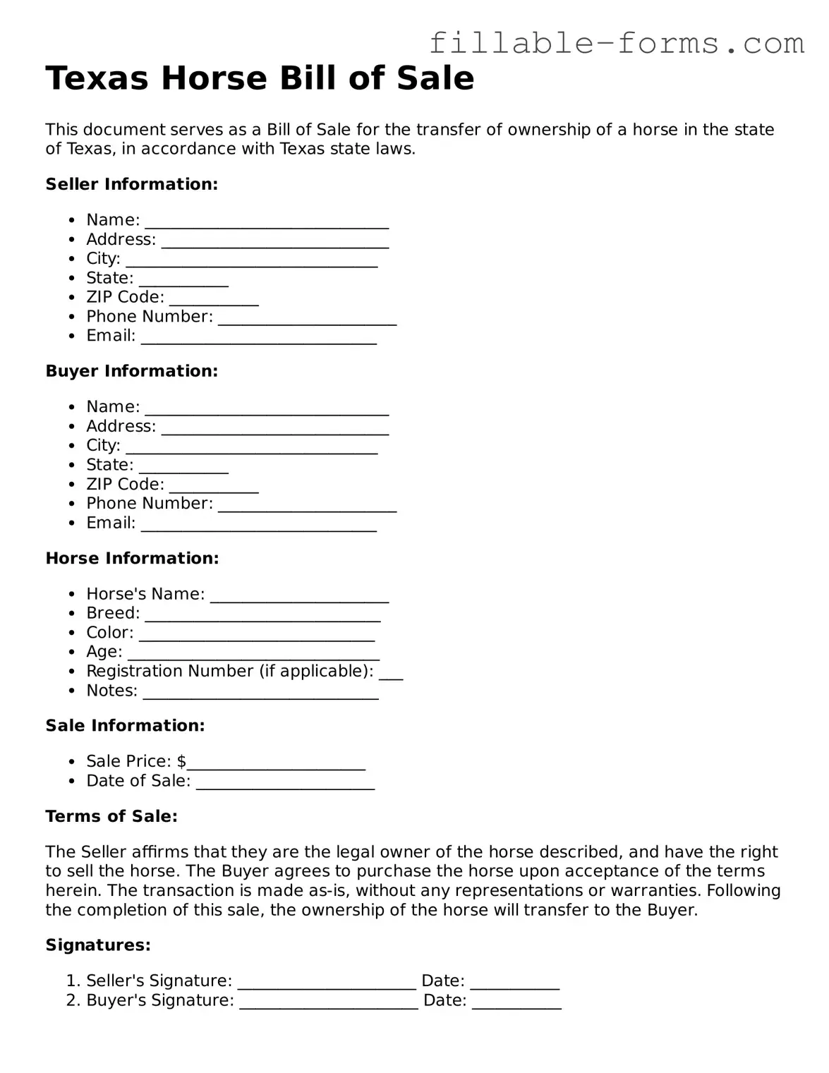 Printable  Horse Bill of Sale Form for Texas