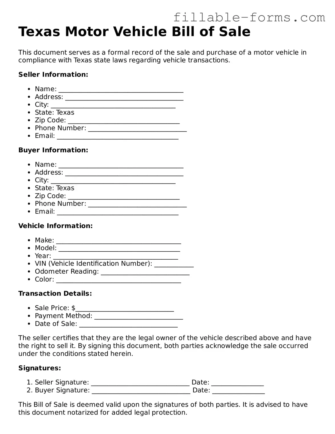 Printable  Motor Vehicle Bill of Sale Form for Texas