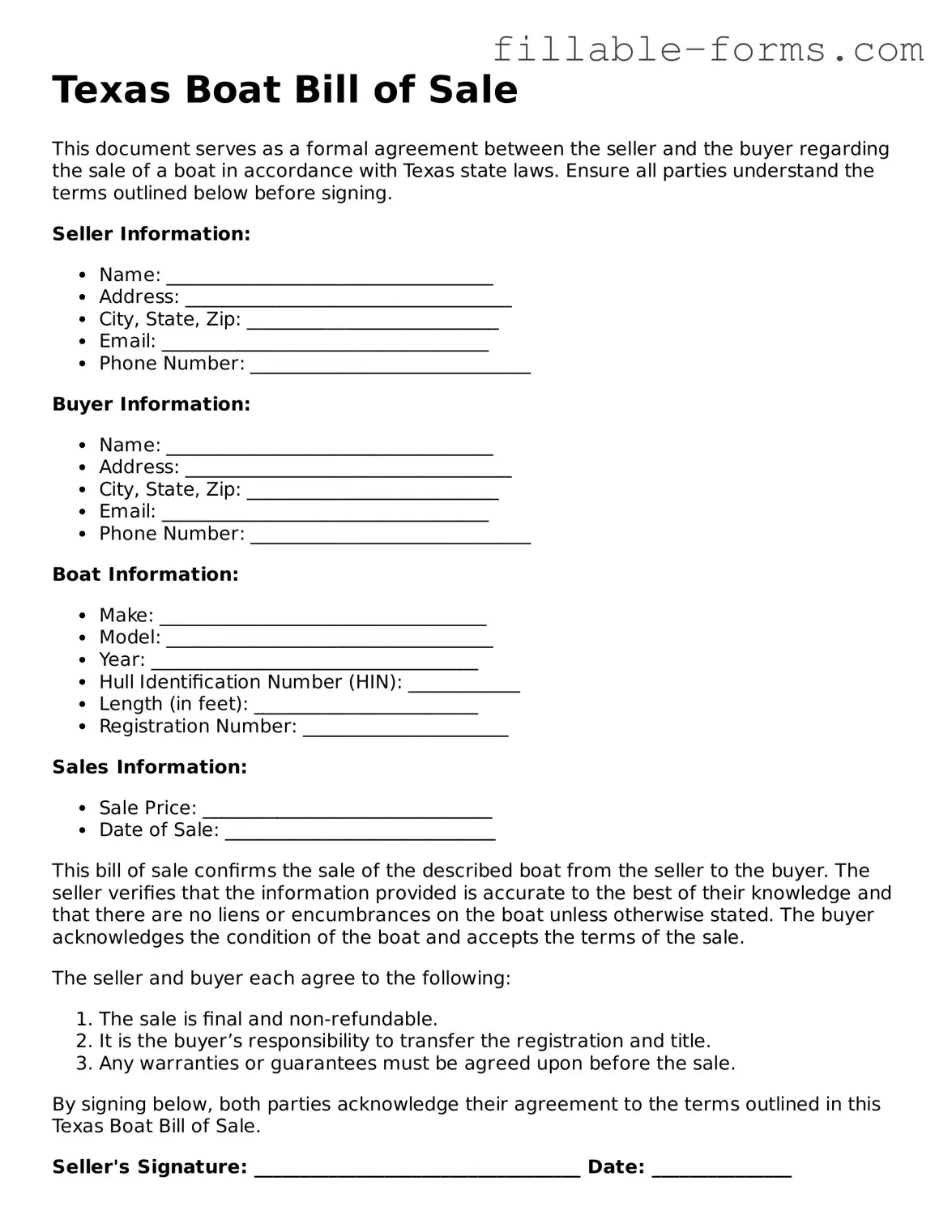 Printable  Boat Bill of Sale Form for Texas