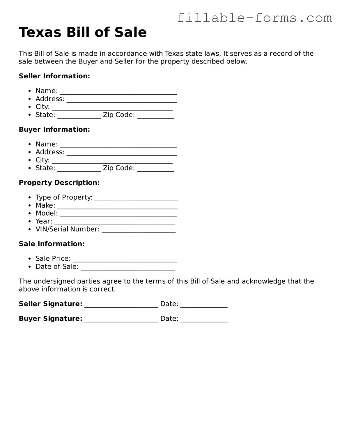 Printable  Bill of Sale Form for Texas
