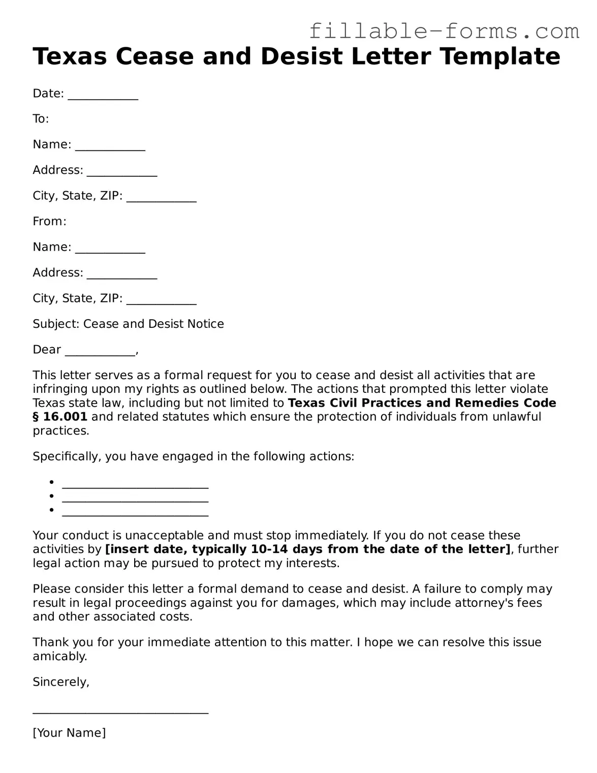 Printable  Cease and Desist Letter Form for Texas