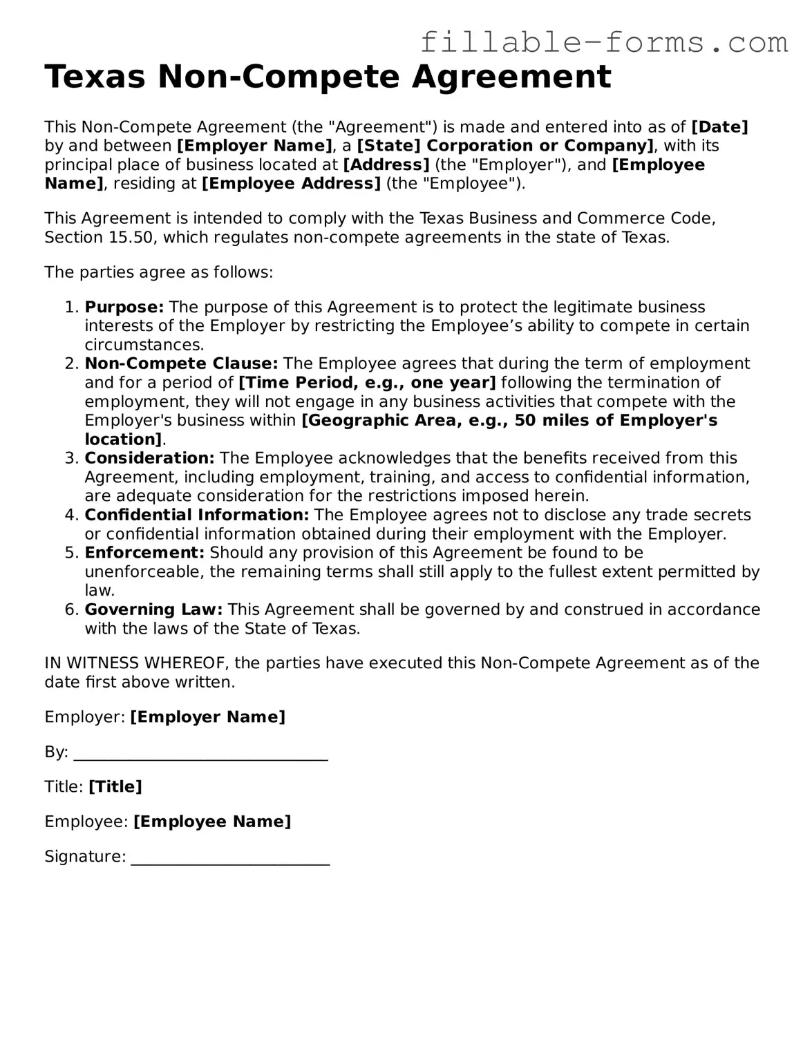Printable  Non-compete Agreement Form for Texas