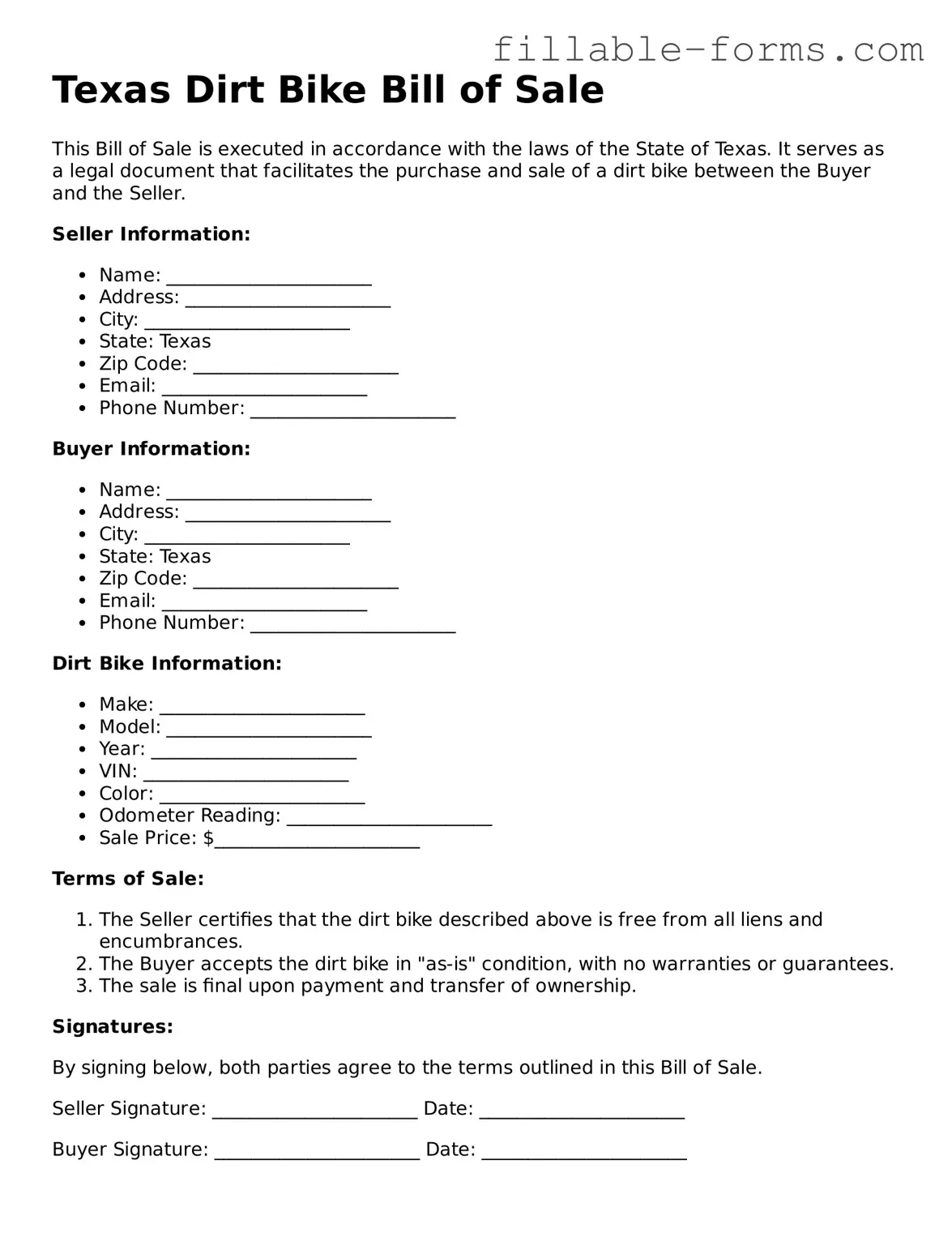Printable  Dirt Bike Bill of Sale Form for Texas