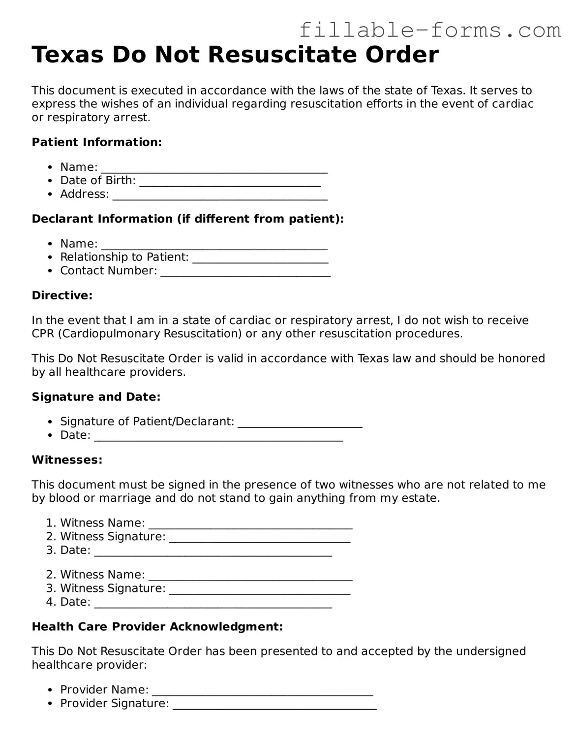 Printable  Do Not Resuscitate Order Form for Texas