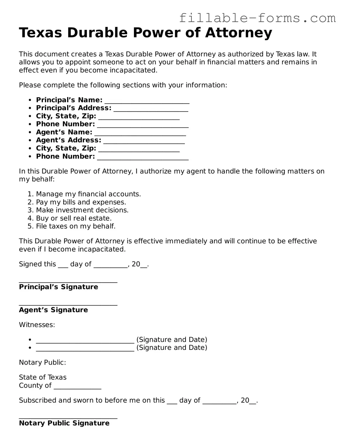 Printable  Durable Power of Attorney Form for Texas