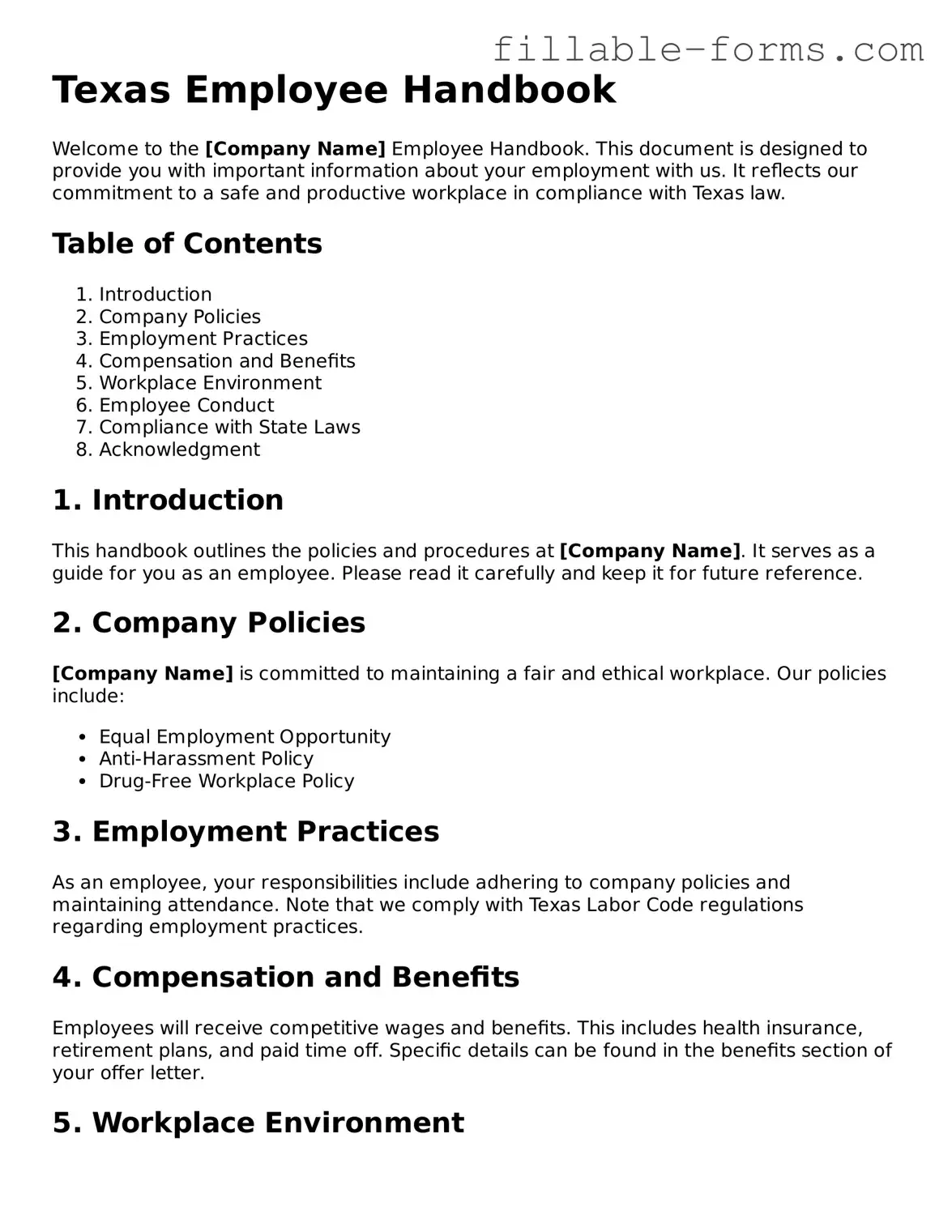 Printable  Employee Handbook Form for Texas