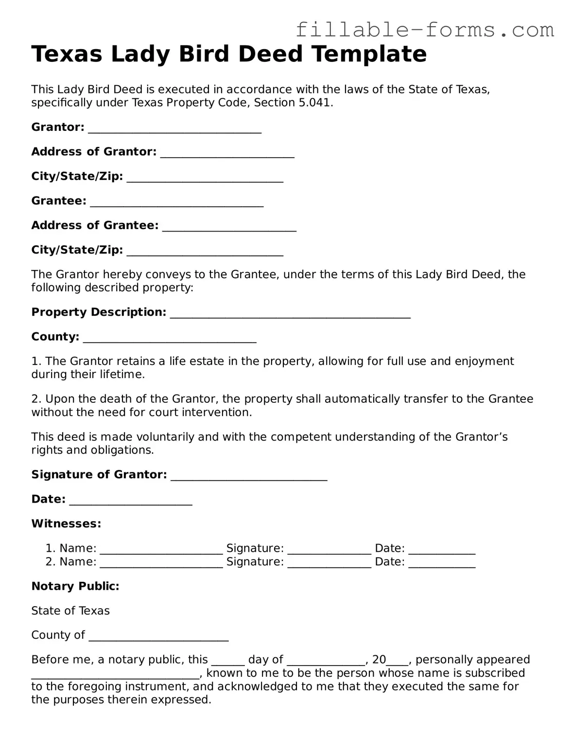 Printable  Lady Bird Deed Form for Texas