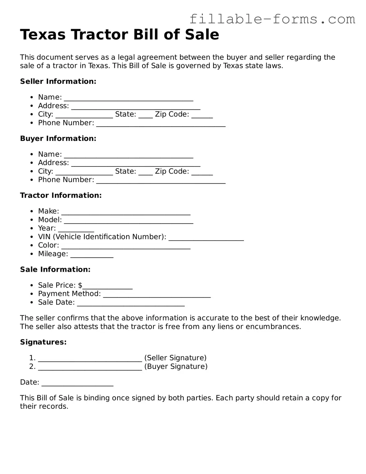 Printable  Tractor Bill of Sale Form for Texas