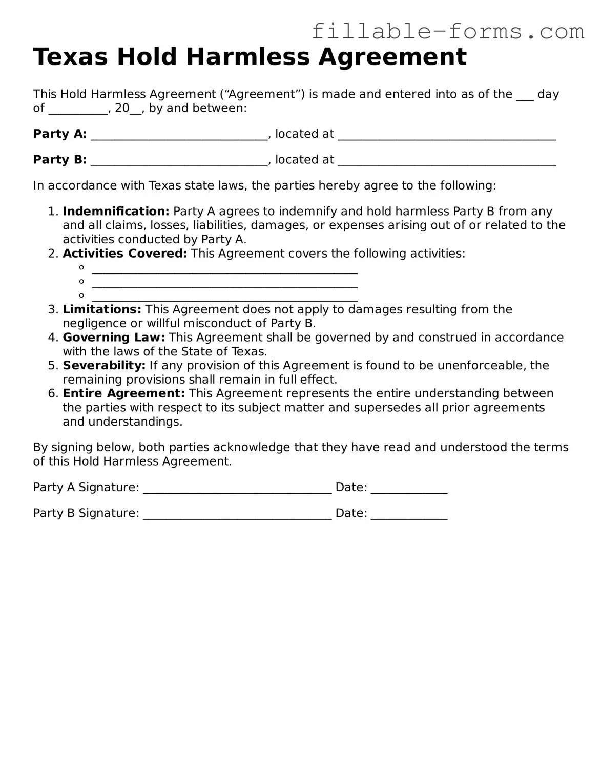 Printable  Hold Harmless Agreement Form for Texas