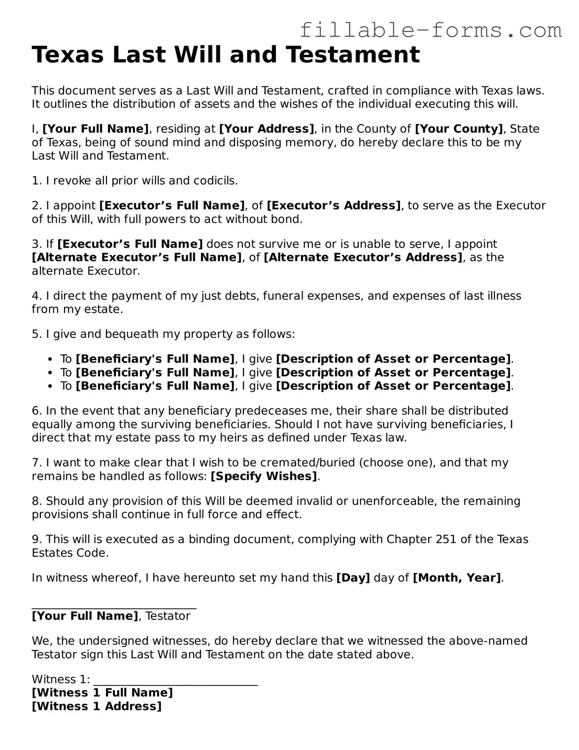 Printable  Last Will and Testament Form for Texas