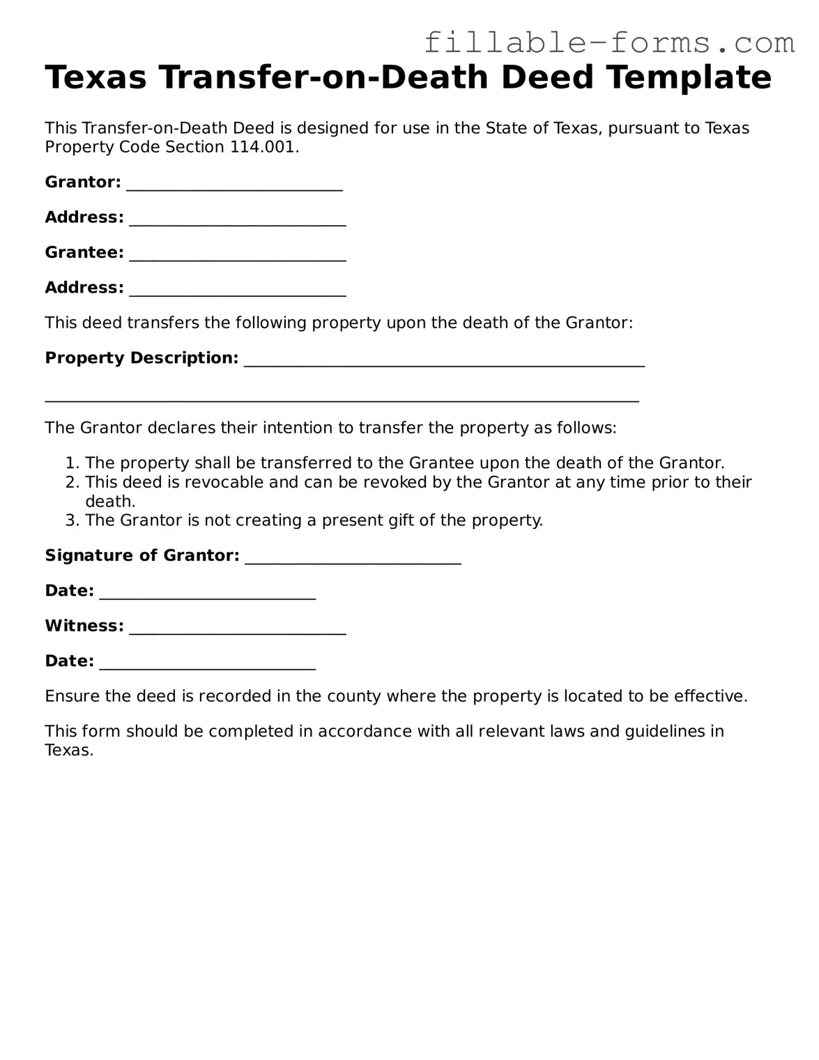 Printable  Transfer-on-Death Deed Form for Texas