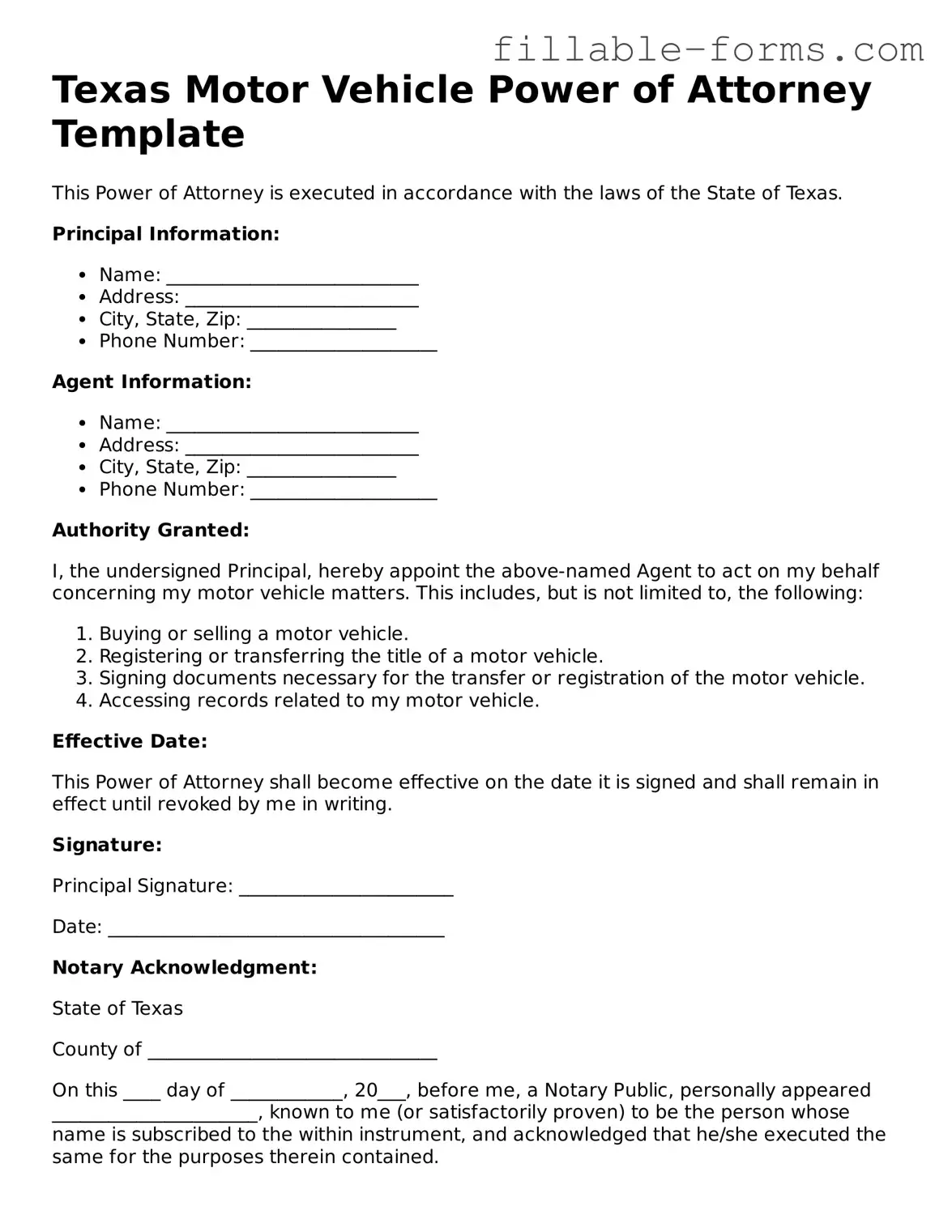 Printable  Motor Vehicle Power of Attorney Form for Texas