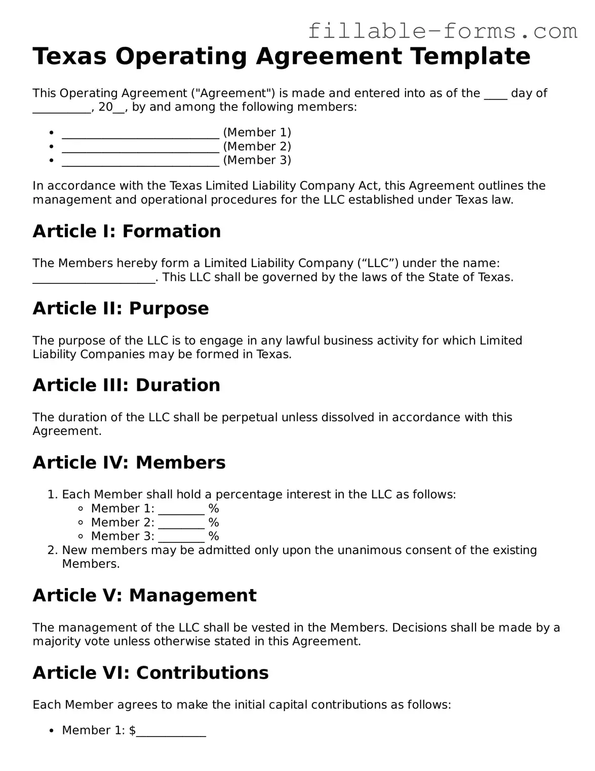 Printable  Operating Agreement Form for Texas