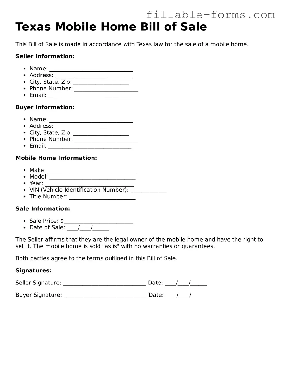 Printable  Mobile Home Bill of Sale Form for Texas