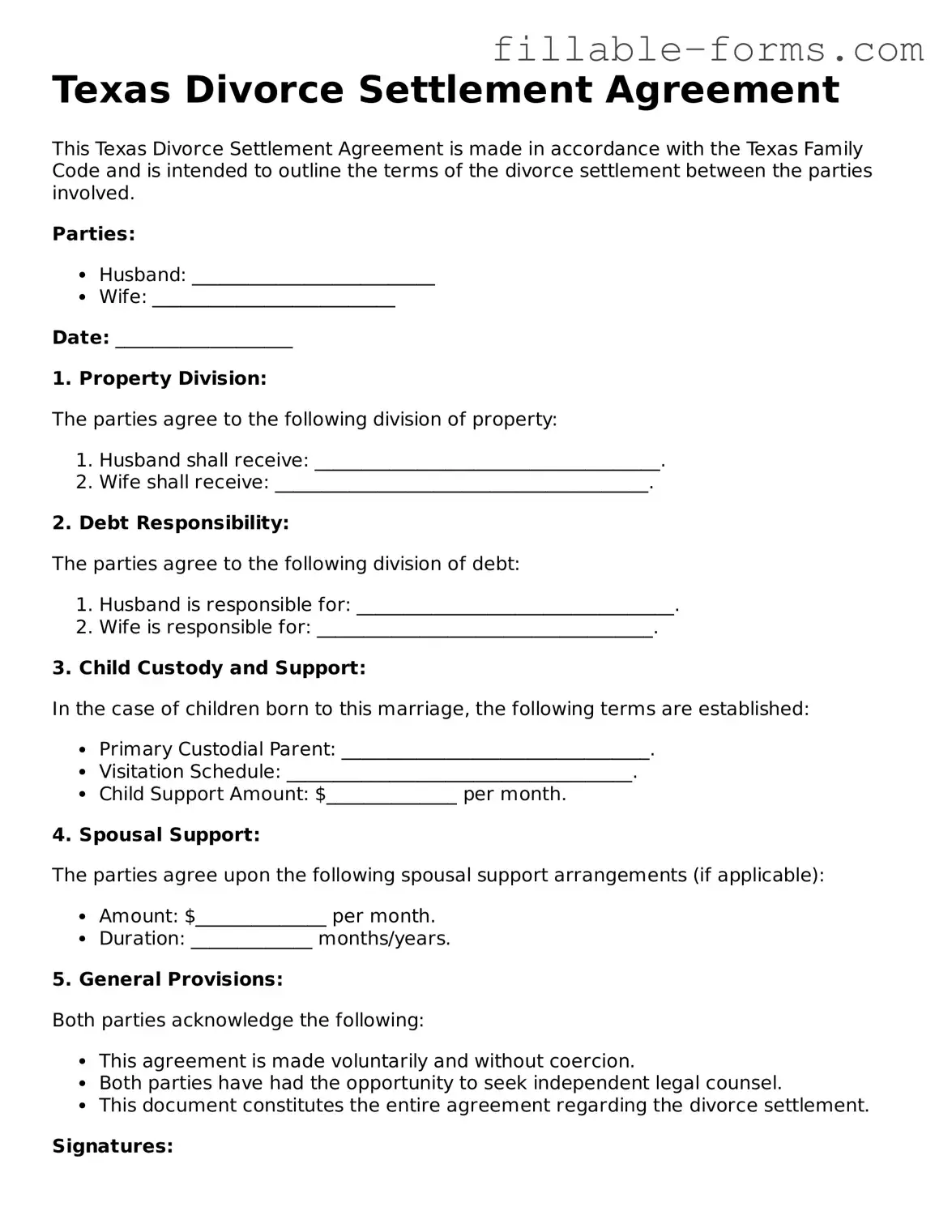 Printable  Divorce Settlement Agreement Form for Texas