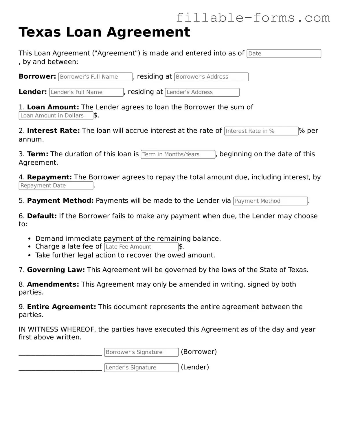 Printable  Loan Agreement Form for Texas