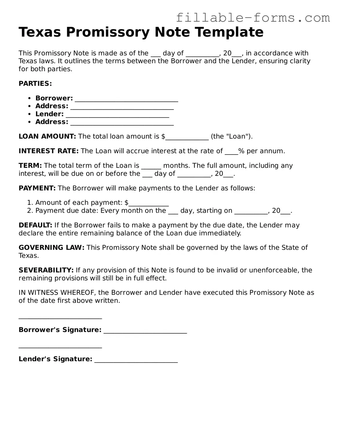 Printable  Promissory Note Form for Texas