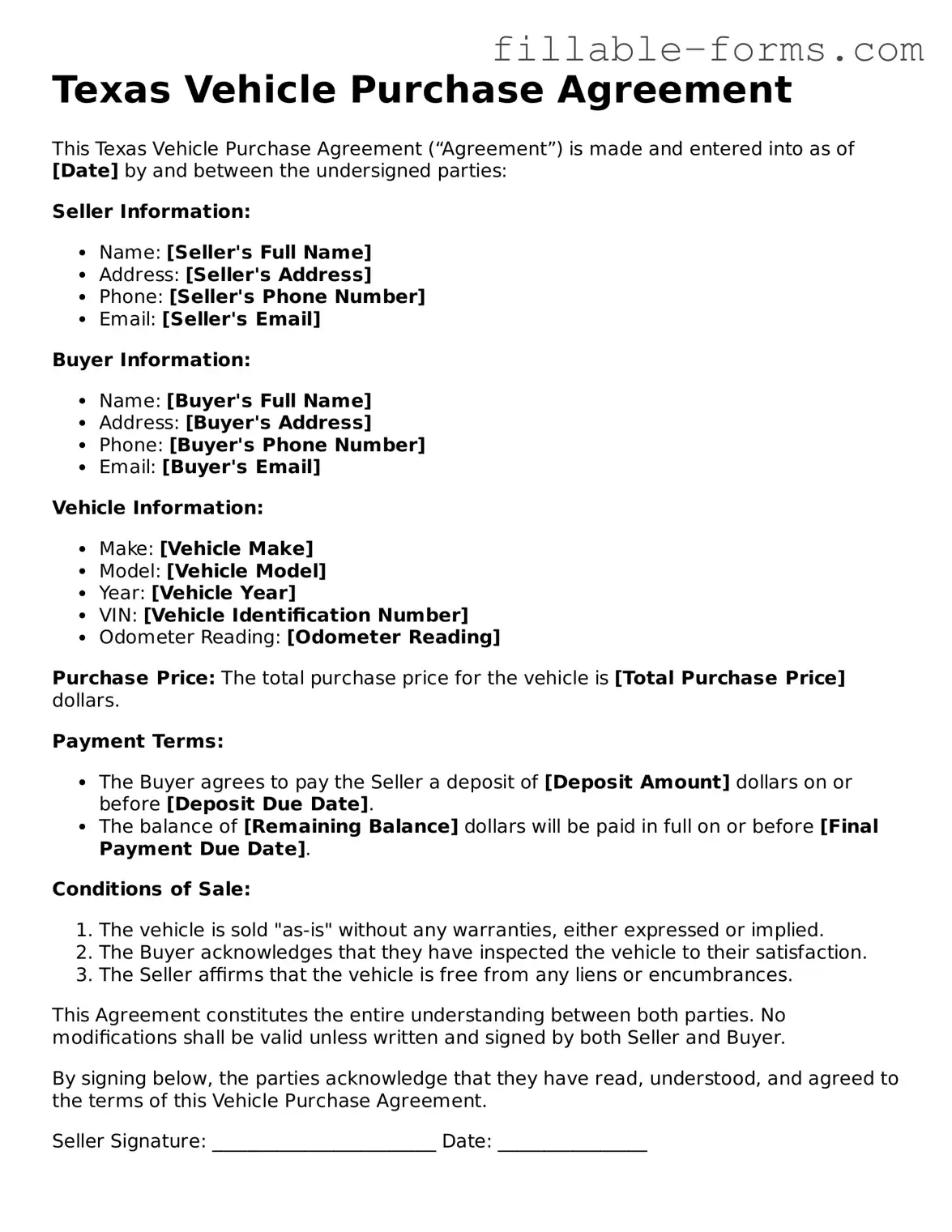 Printable  Vehicle Purchase Agreement Form for Texas