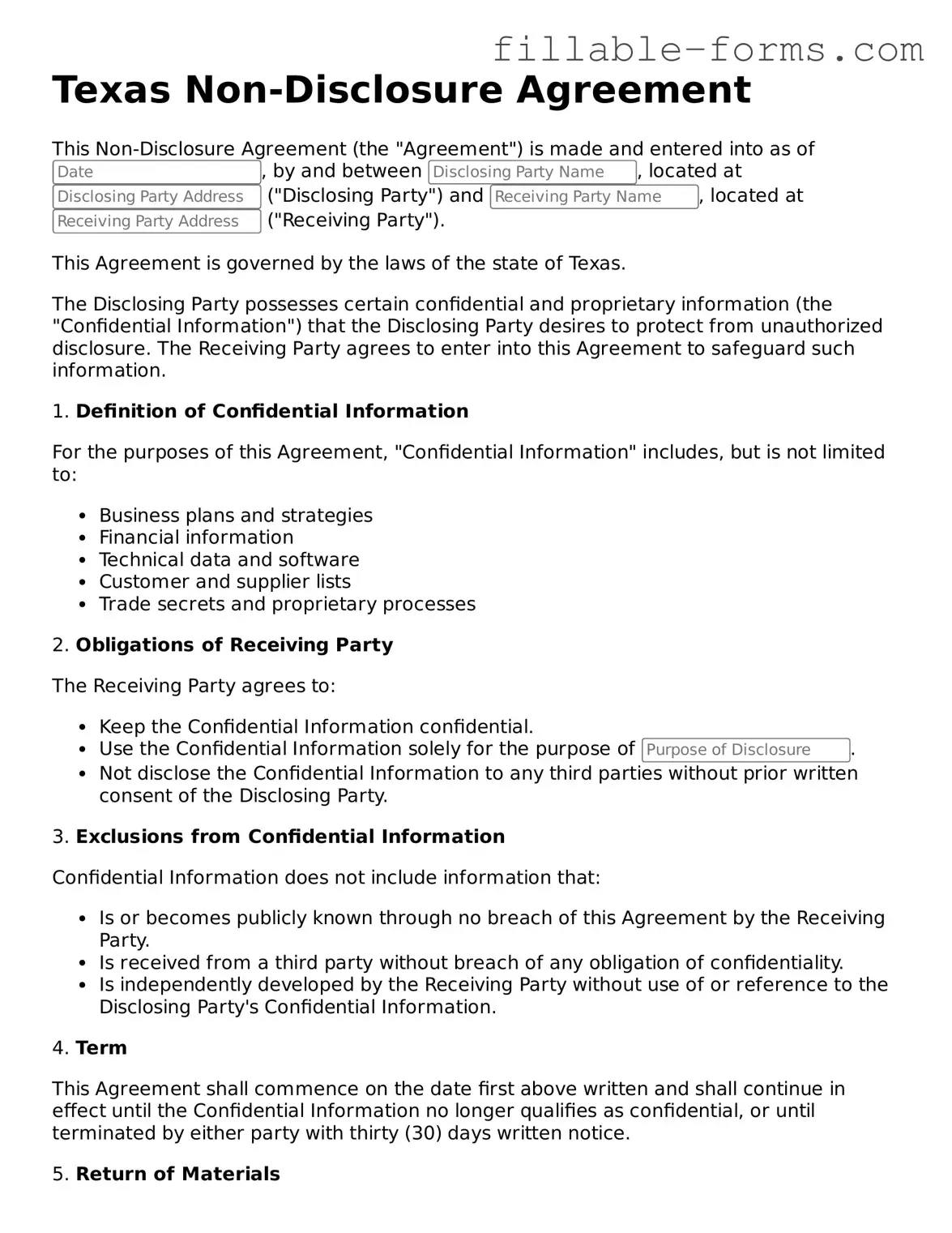 Printable  Non-disclosure Agreement Form for Texas