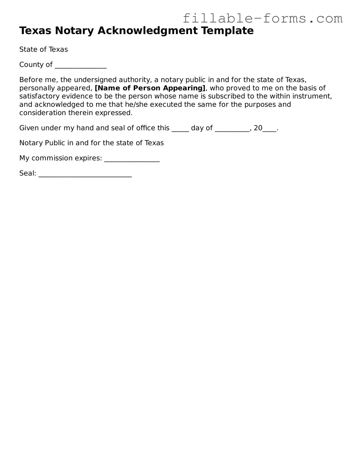 Printable  Notary Acknowledgement Form for Texas