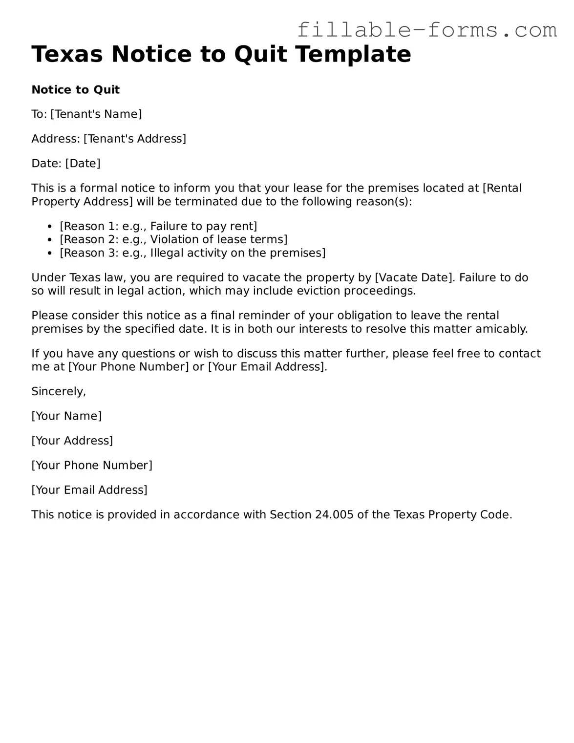 Printable  Notice to Quit Form for Texas