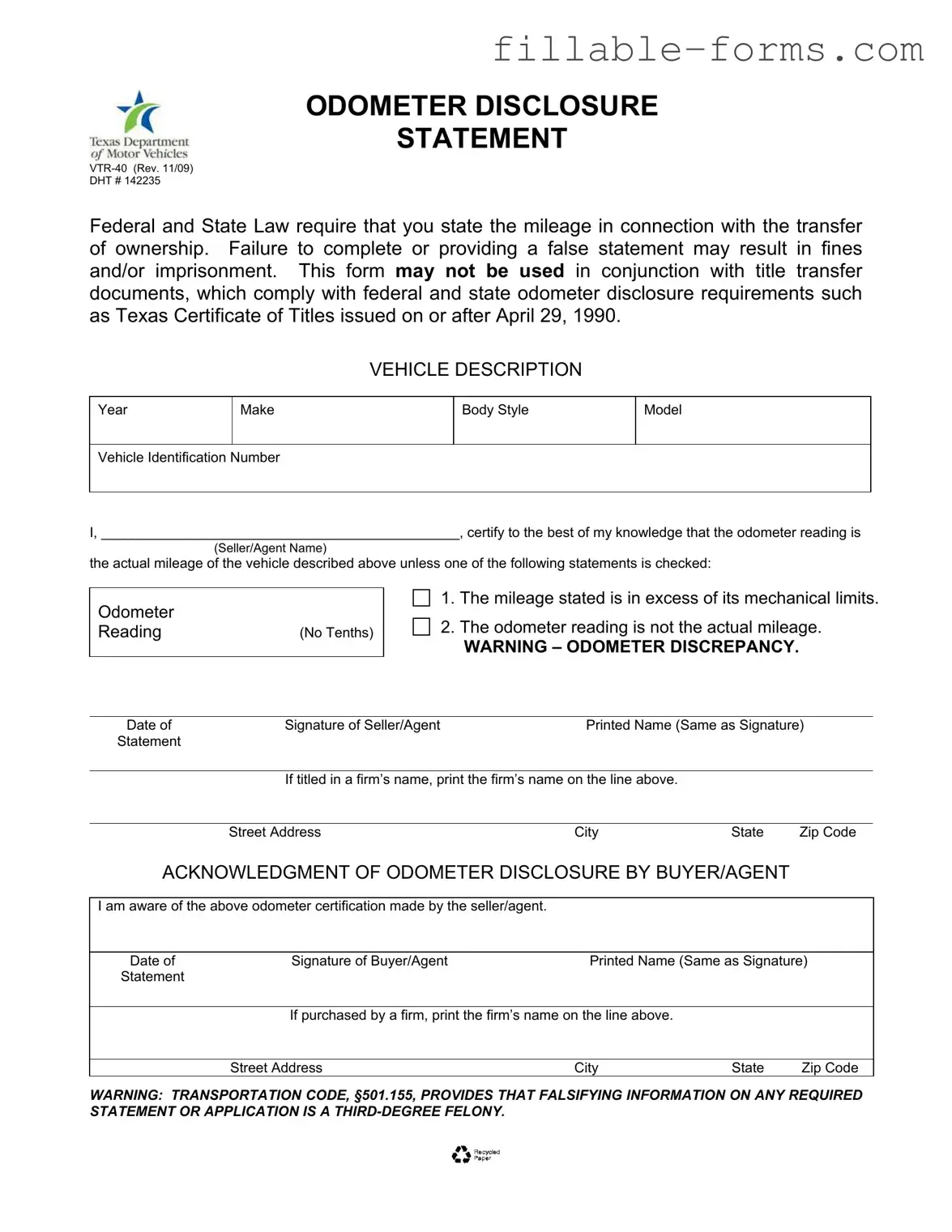 Fill Out a Valid Texas Odometer Statement Template