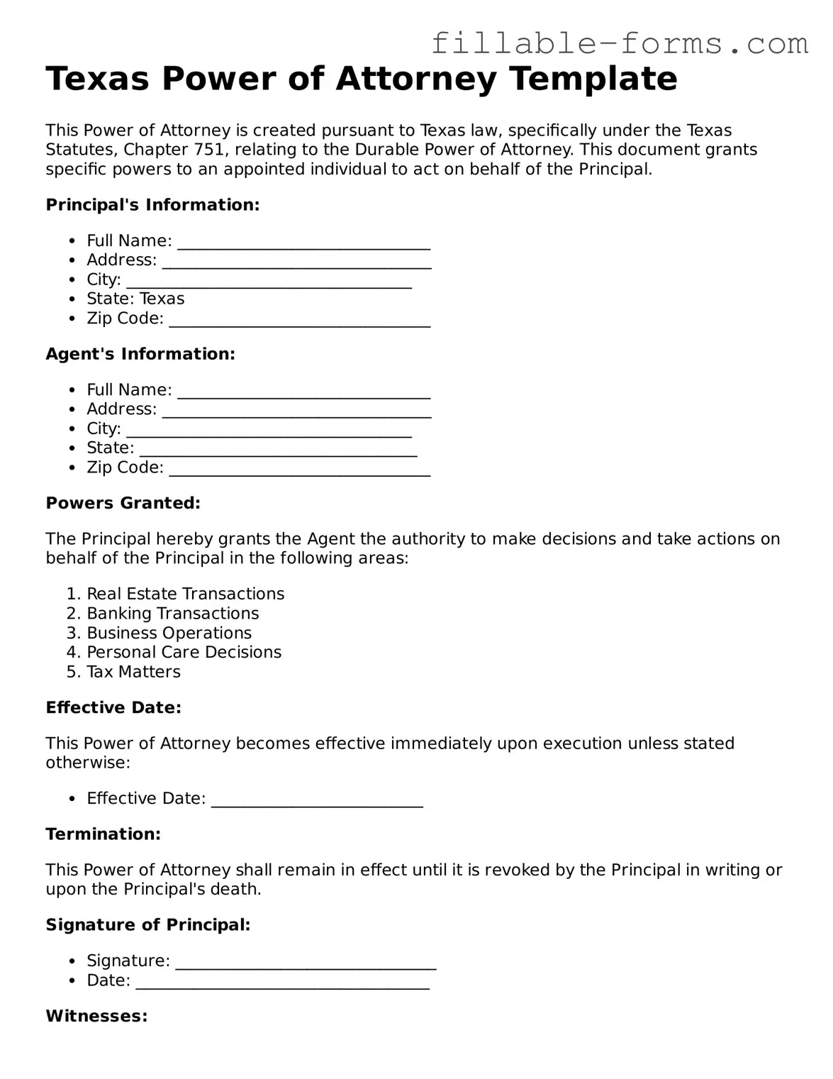 Printable  Power of Attorney Form for Texas