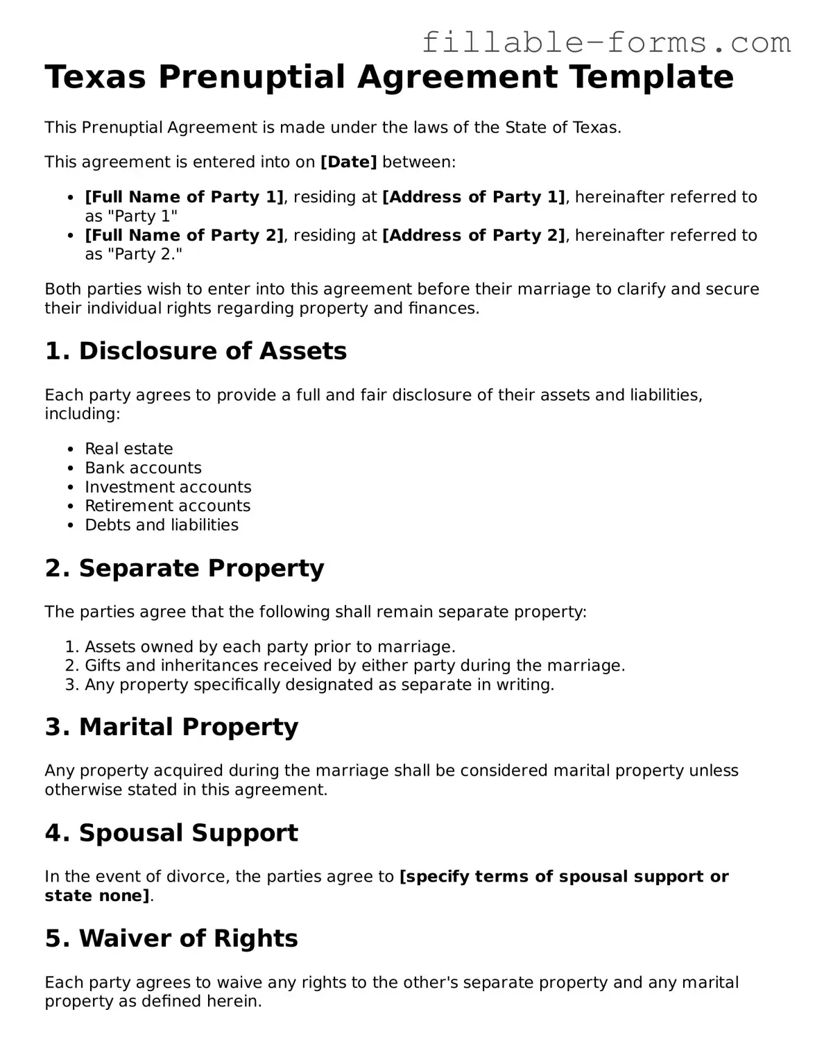 Printable  Prenuptial Agreement Form for Texas