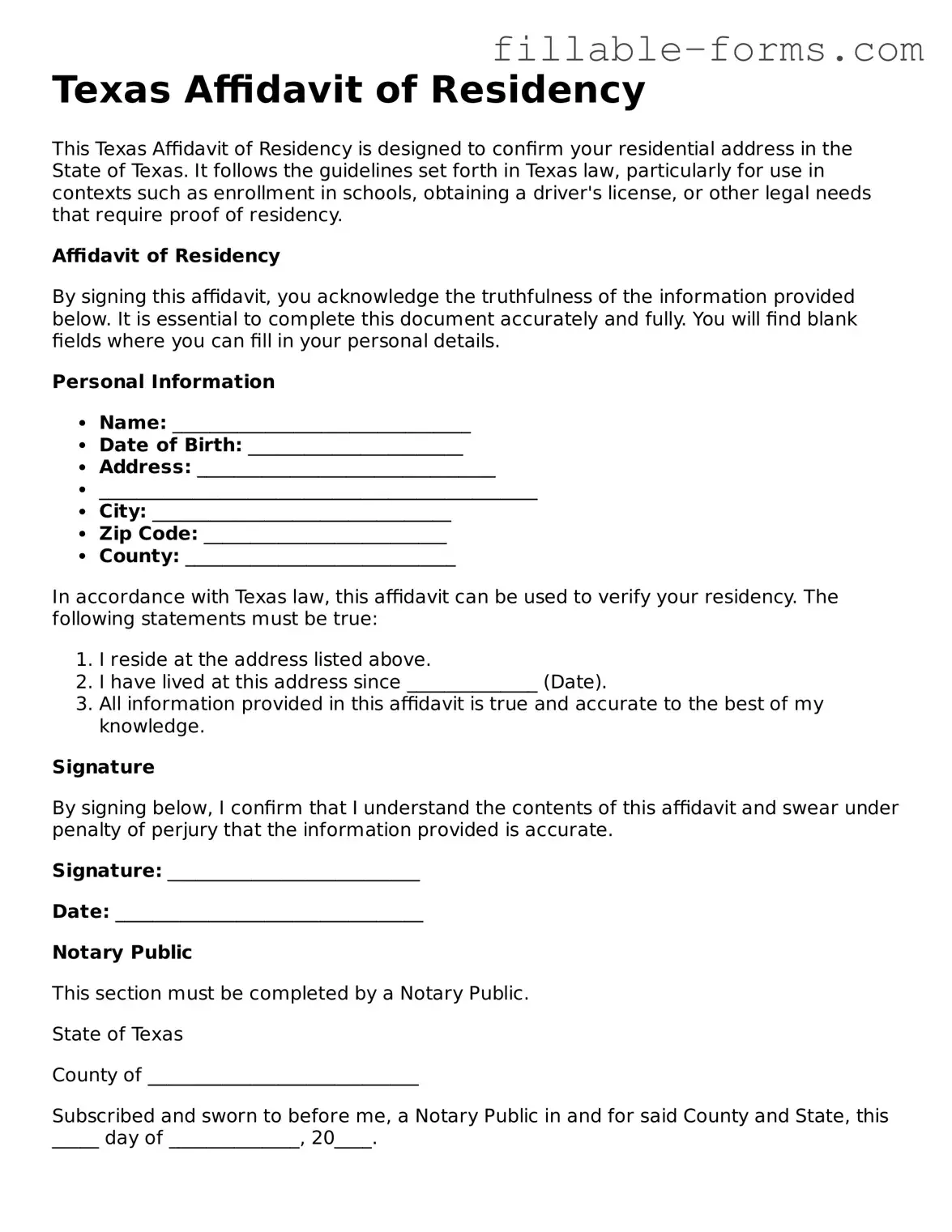 Printable  Affidavit of Residency Form for Texas