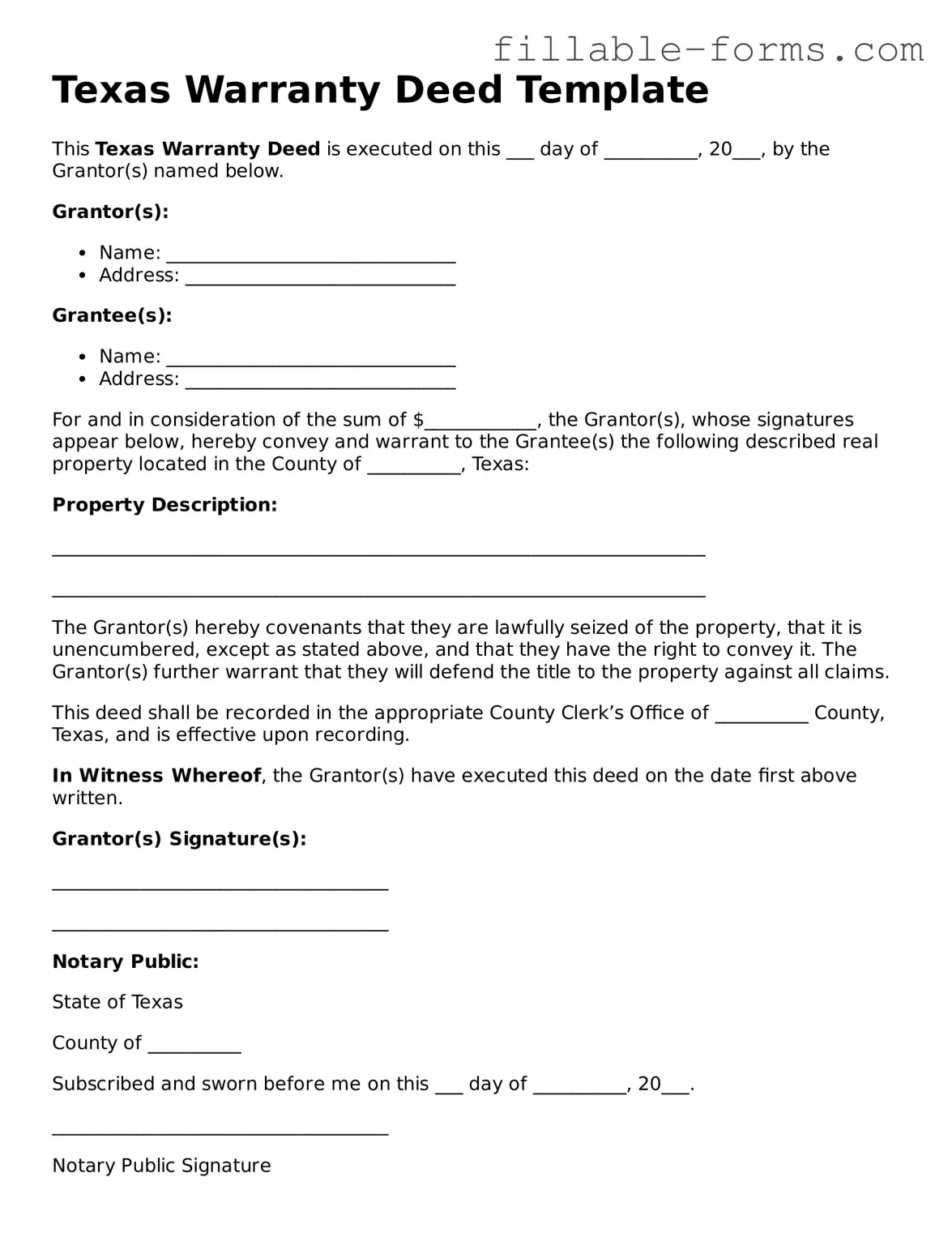 Printable  Deed Form for Texas